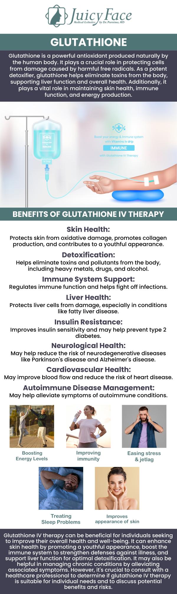 At JuicyFace, our board-certified internal medicine physician, Purnima Balla, M.D., specializes in Glutathione injections, a powerful antioxidant treatment designed to brighten and rejuvenate the skin. Glutathione helps to reduce the appearance of dark spots, even out skin tone, and protect against oxidative stress, promoting a healthy, radiant glow. This non-invasive treatment is ideal for those looking to enhance their skin's clarity and brightness without the need for extensive procedures. For more information, contact us or schedule an appointment online. We are located at 3000 E 1st Ave Unit 114, Denver, CO 80206. At JuicyFace, our board-certified internal medicine physician, Purnima Balla, M.D., specializes in Glutathione injections, a powerful antioxidant treatment designed to brighten and rejuvenate the skin. Glutathione helps to reduce the appearance of dark spots, even out skin tone, and protect against oxidative stress, promoting a healthy, radiant glow. This non-invasive treatment is ideal for those looking to enhance their skin's clarity and brightness without the need for extensive procedures. For more information, contact us or schedule an appointment online. We are located at 3000 E 1st Ave Unit 114, Denver, CO 80206.
