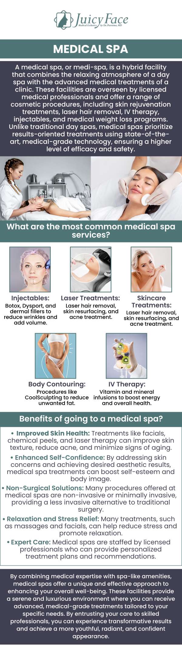 Have you noticed early signs of aging and other skin issues? Med spas offer certain aesthetic treatments such as Injections for wrinkles, fillers to restore the volume of the skin, and other therapies to treat skin issues by improving health and well-being. To accomplish your desired cosmetic goals, Purnima Balla, M.D. provides med spa services at Juicy Face Medical Esthetics. Med spa treatment provides benefits including the reduction of wrinkles, fine lines, spots, and sagging skin. If you want to restore the loss of facial volume and elasticity, contact us or schedule an appointment online. We are located at 3000 E 1st Ave Unit 114, Denver, CO 80206.