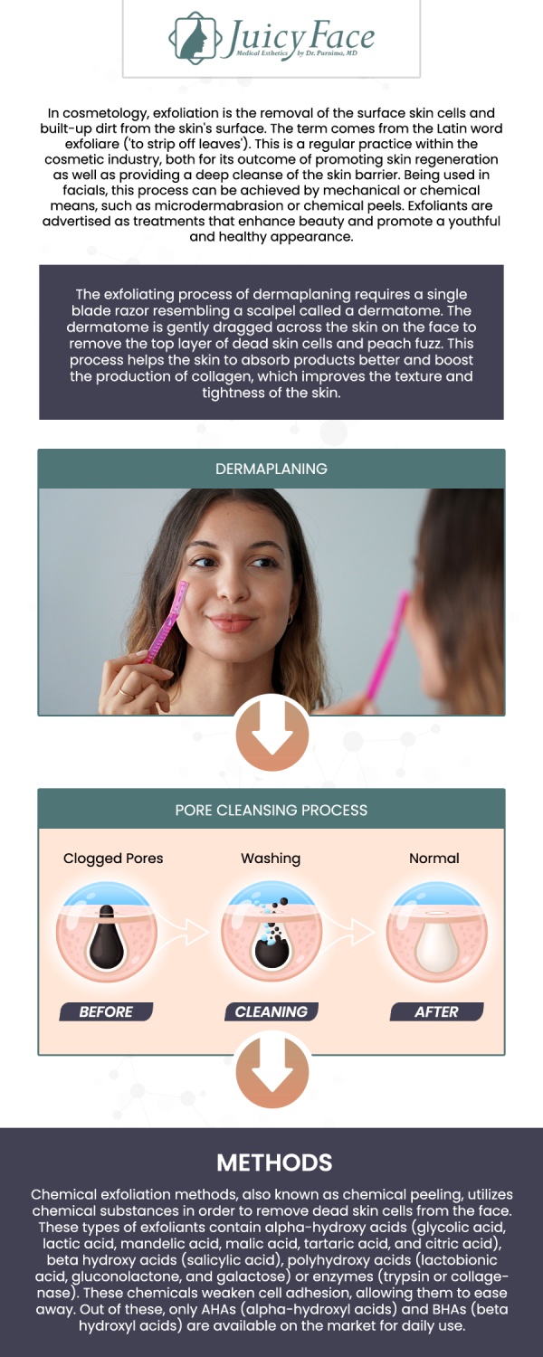 Experience smoother, glowing skin with professional dermaplaning at JuicyFace in Denver, CO. Dr. Purnima, MD, uses this non-invasive treatment to gently exfoliate your skin, removing dead cells and fine peach fuzz for a brighter, more radiant complexion. Dermaplaning helps improve the effectiveness of skincare products and provides a flawless canvas for makeup application. Contact us to achieve your desired beauty goals or schedule an appointment online. We are located at 3000 E 1st Ave Unit 114, Denver, CO 80206.