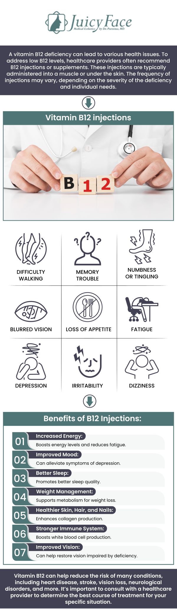 Vitamin B12 injections are a fast, effective way to support energy levels, metabolism, and overall wellness—especially for those with deficiencies or fatigue. These treatments are popular for enhancing mood, focus, and immune function. Dr. Purnima Balla at JuicyFace offers personalized B12 injection therapy in a welcoming, professional clinic setting, helping clients feel revitalized and energized from the inside out. Contact us to achieve your desired beauty goals or schedule an appointment online. We are located at 3000 E 1st Ave Unit 114, Denver, CO 80206.